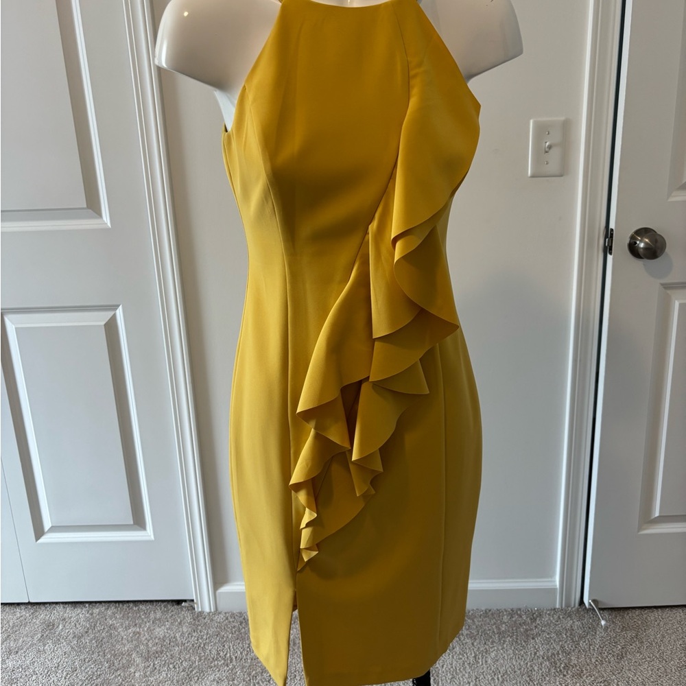 Vince Camuto Yellow Asymmetrical Ruffled Midi Dress